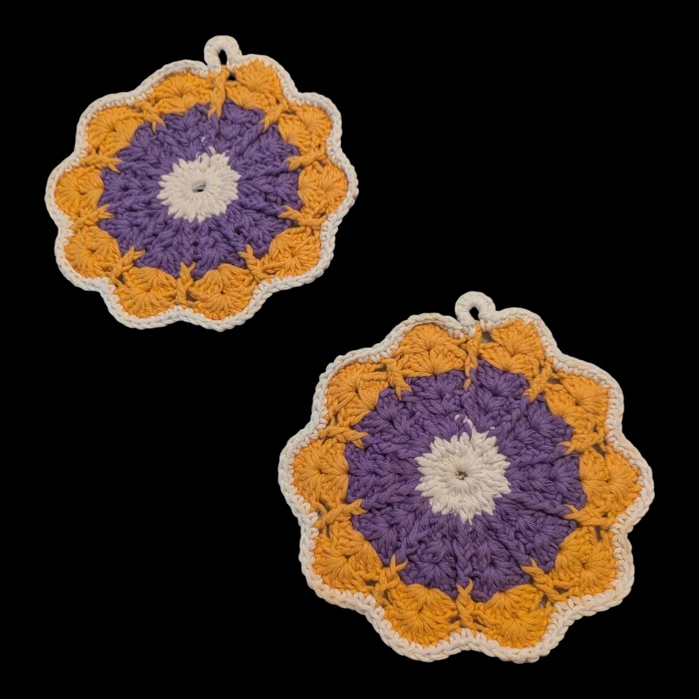 Vintage Granny Core 2 Purple Yellow White Crocheted Flower Potholders
